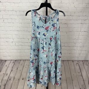 BELLAMBRA Dress XS Linen Tie V-Neck Floral Tiered Sundress Sleeveless Blue